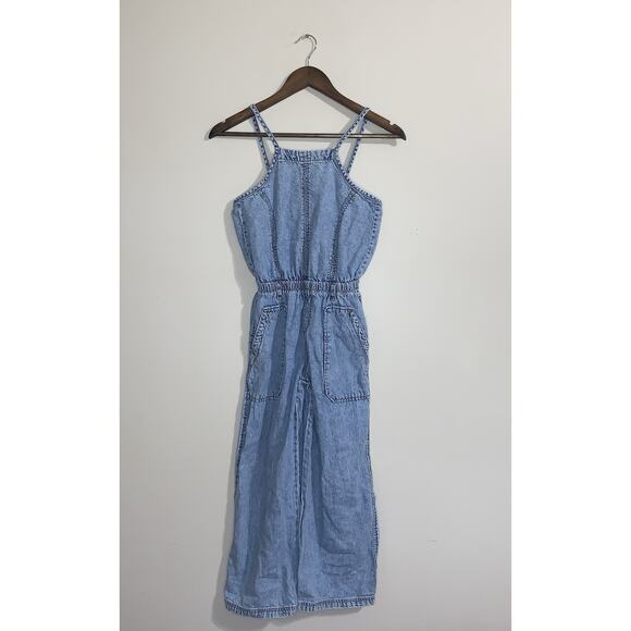 Zara Girls Denim Dungaree Jumpsuit Wide Leg Pockets Open Back Size 9